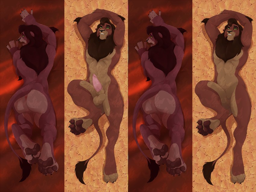 animal_genitalia animal_penis anthro anus balls dakimakura feline_genitalia feline_penis genitals looking_at_viewer male pawpads penis sheath smile solo weskers disney the_lion_king kovu_(the_lion_king) felid lion mammal pantherine dakimakura_design hi_res watermark