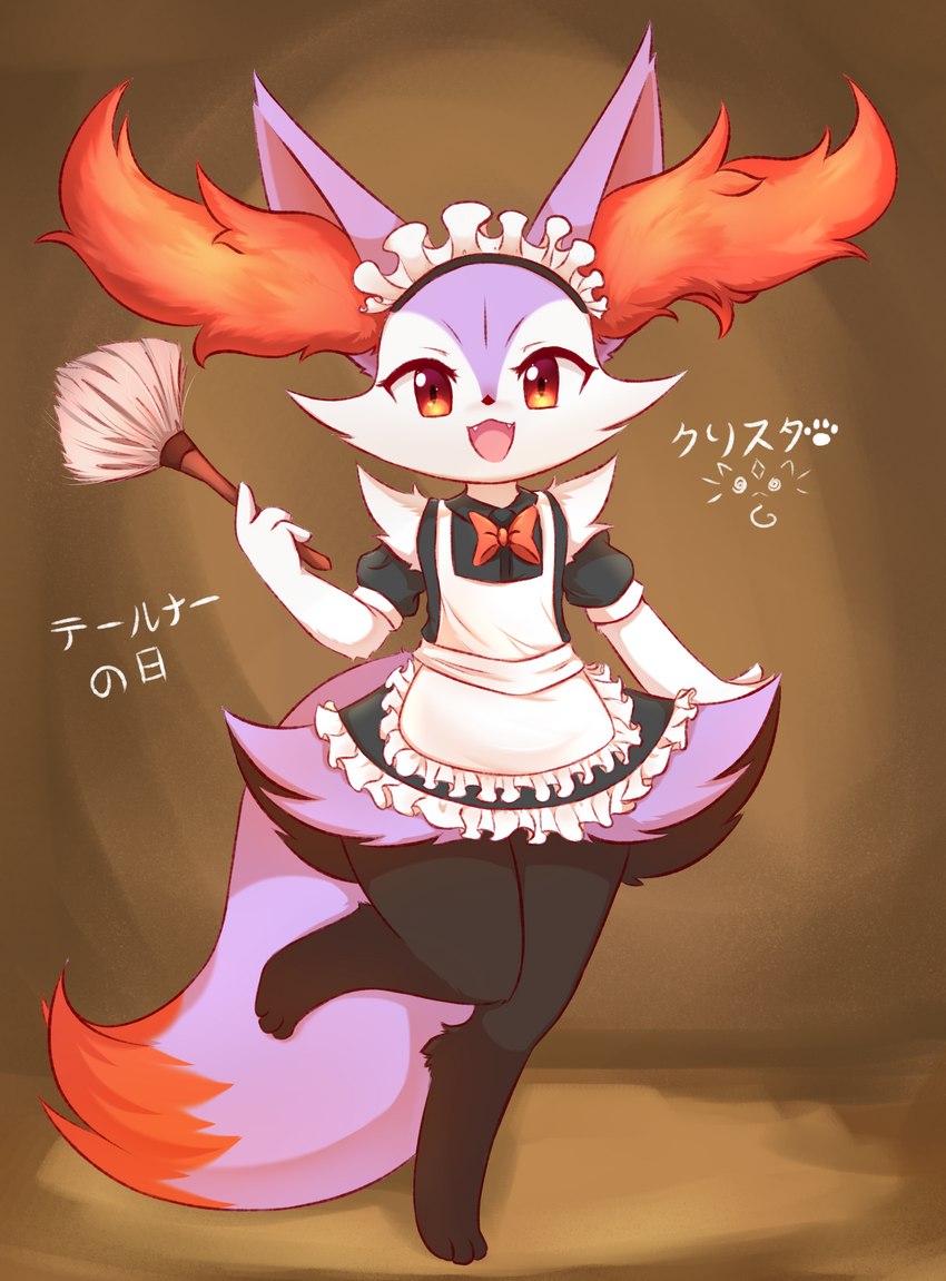 3_toes 4_fingers :3 anthro apron barefoot black_body black_clothing black_dress black_fur clothed clothing dress fangs feet female fingers flat_chested frilly fur happy holding_object inner_ear_fluff looking_at_viewer maid_headdress maid_uniform on_one_leg open_mouth paws purple_body purple_fur raised_hand red_body red_eyes red_fur short_sleeves simple_background smile solo standing teeth text toes tuft uniform white_body white_fur kryztar nintendo pokemon pokemon-specific_day braixen canid generation_6_pokemon mammal pokemon_(species) shiny_pokemon absurd_res digital_media_(artwork) full-length_portrait hi_res japanese_text portrait shaded signature translated