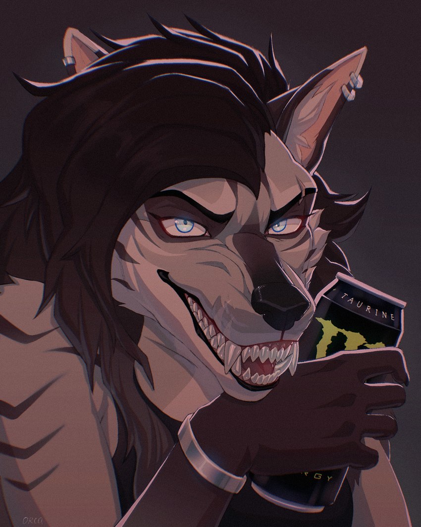 anthro beverage beverage_can black_hair blue_eyes brown_body brown_fur brown_markings fur hair long_hair looking_at_viewer male markings solo teeth orca24a monster_energy canid canine canis mammal wolf 4:5 hi_res