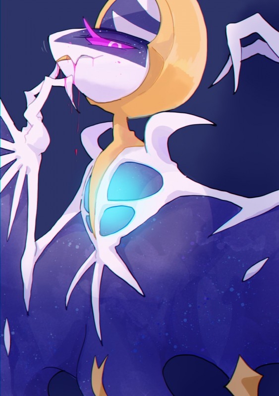 ambiguous_gender bodily_fluids chromatic_aberration fingers simple_background smug solo wings winte nintendo pokemon generation_7_pokemon legendary_pokemon lunala pokemon_(species) 2020 absurd_res hi_res