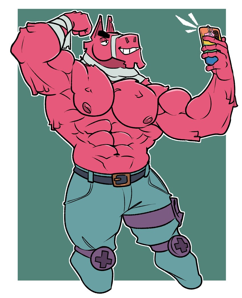 5_fingers abs anthro bandage bandaged_arm bandaged_neck belt border bottomwear clothing fingers flexing flexing_bicep fur legband male muscular muscular_anthro muscular_arms muscular_male navel nipples pants pecs pinata pink_body pink_fur selfie simple_background smile smirk solo taking_picture taking_selfie teeth tufted_fur white_border cronolm epic_games fortnite lt._john_llama animate_inanimate camelid living_pinata llama mammal absurd_res digital_media_(artwork) hi_res