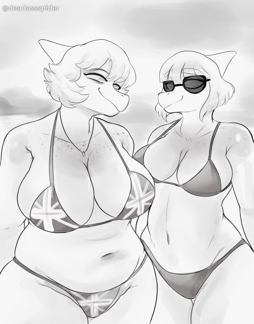 anthro big_breasts bikini breast_size_difference breasts clothed clothing curvy_figure duo eyelashes eyewear female flag_bikini freckles hair jewelry looking_at_viewer mature_anthro mature_female necklace outside short_hair skimpy skimpy_bikini slightly_chubby slightly_chubby_female smile snout sunglasses swimwear text thick_thighs two-piece_swimsuit union_jack union_jack_bikini voluptuous wide_hips deadassspider cavemanon_studios goodbye_volcano_high mother_daughter_boob_envy_(meme) snoot_game cassandra_(snoot_game) naomi_(gvh) dinosaur hadrosaurid ornithischian ornithopod parasaurolophus prehistoric_species reptile scalie 2024 absurd_res artist_name black_and_white hi_res monochrome watermark daughter_(lore) mother_(lore) mother_and_child_(lore) mother_and_daughter_(lore) parent_(lore) parent_and_child_(lore) parent_and_daughter_(lore)