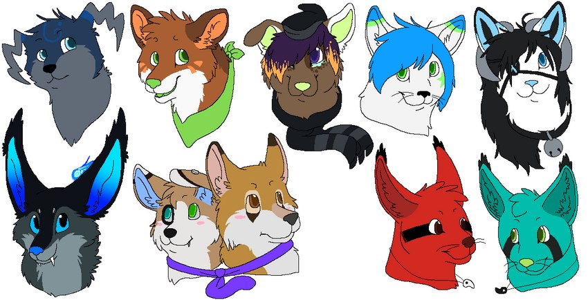 ambiguous_form ambiguous_gender bell bell_collar big_ears black_collar black_hair black_markings black_nose black_scarf blonde_highlights blue_body blue_eyes blue_fur blue_hair blue_inner_ear blue_markings blue_nose blush brown_body brown_eyes brown_fur brown_nose collar countershade_fur countershading curled_horn ear_piercing ear_tuft eye_contact eye_patch eyewear facial_piercing fangs fur gradient_inner_ear green_eyes green_inner_ear green_kerchief green_neckerchief green_nose green_tongue grey_body grey_countershading grey_fur grey_horn grey_nose group hair hair_over_eye head_tuft heterochromia highlights_(coloring) horn jewelry kerchief lip_piercing lip_ring looking_at_another markings neckerchief necklace necktie neckwear one_ear_up one_eye_obstructed open_mouth open_smile orange_inner_ear orange_markings piercing pink_blush pink_inner_ear purple_eyes purple_hair purple_necktie red_body red_fur ring_piercing scarf simple_background smile snout sparklefur star_(marking) teeth tongue tuft whiskers white_background white_body white_countershading white_fur white_markings yin_yang sebdoggo red_(weaselwares) canid canine canis cat_demon demon domestic_cat ethiopian_wolf felid feline felis fox hybrid mammal red_fox true_fox 2013 aliasing digital_drawing_(artwork) digital_media_(artwork) flat_colors headshot_portrait microsoft_paint_(artwork) portrait