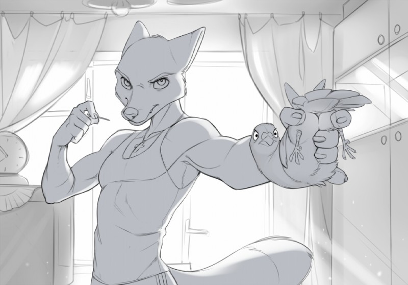 5_fingers ambiguous_gender anthro clothed clothing detailed_background duo feral fingers holding_object holding_weapon looking_at_viewer male weapon yulliandress avian bird canid canine fox mammal 2019 digital_media_(artwork)