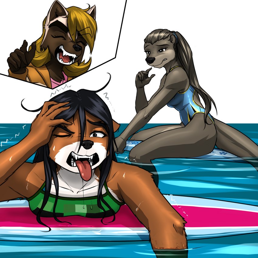 5_fingers anthro black_nose breasts brown_body brown_fur clothed clothing eyebrows eyelashes female fingers fur group hair laugh long_hair one-piece_swimsuit open_mouth partially_submerged sitting surfboard swimwear teeth tongue tongue_out trio water wet mykegreywolf jen_(mykegreywolf) mel_(mykegreywolf) nat_(mykegreywolf) gulonine mammal mustelid musteline otter stoat true_musteline weasel wolverine 1:1 hi_res