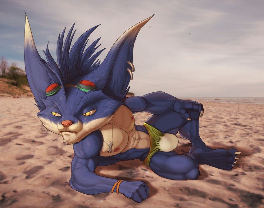 4_toes abs annoyed anthro arm_tuft barefoot beach biceps big_biceps big_bulge big_deltoids big_ears big_muscles big_pecs blue_arms blue_body blue_ears blue_eyebrows blue_face blue_feet blue_fingers blue_fur blue_hands blue_inner_ear blue_legs blue_pseudo_hair blue_toes bracelet bulge cheek_tuft chin_tuft claws closed_frown clothed clothing cloud countershading day deltoids detailed_background dipstick_ears ear_markings ear_piercing ear_ring ear_tuft elbow_tuft eyebrows eyewear eyewear_on_head facial_tuft feet forearm_muscles front_view fur fur_tuft goggles goggles_on_head gradient_ears gradient_inner_ear green_clothing green_eyewear green_goggles green_speedo green_swimwear grey_eyewear grey_goggles half-closed_eyes hamstrings hand_on_ground hand_on_knee hand_on_leg hand_on_own_knee hand_on_own_leg head_tuft holding_knee holding_leg huge_muscles huge_pecs humanoid_feet humanoid_hands jewelry light looking_aside looking_away lying male male_anthro mohawk multicolored_body multicolored_clothing multicolored_ears multicolored_eyewear multicolored_fur multicolored_goggles multicolored_speedo multicolored_swimwear muscular muscular_anthro muscular_male muscular_thighs narrowed_eyes navel necklace nipples obliques on_side outside pecs photo_background piercing pink_nipples pink_nose plantigrade pose pseudo_hair red_lens ring_piercing sand sea seaside serratus shadow shore short short_anthro short_male skimpy solo speedo sunlight sunset swimwear toes tools topless topless_anthro topless_male triceps tuft two_tone_body two_tone_ears two_tone_eyewear two_tone_face two_tone_fur two_tone_goggles two_tone_inner_ear water white_body white_chest white_claws white_clothing white_ears white_face white_fur white_inner_ear white_speedo white_swimwear wrench yellow_bracelet yellow_clothing yellow_eyes yellow_speedo yellow_swimwear bristol league_of_legends riot_games tencent rumble_(lol) mammal yordle 2022 absurd_res digital_drawing_(artwork) digital_media_(artwork) full-length_portrait hi_res photography_(artwork) portrait shaded