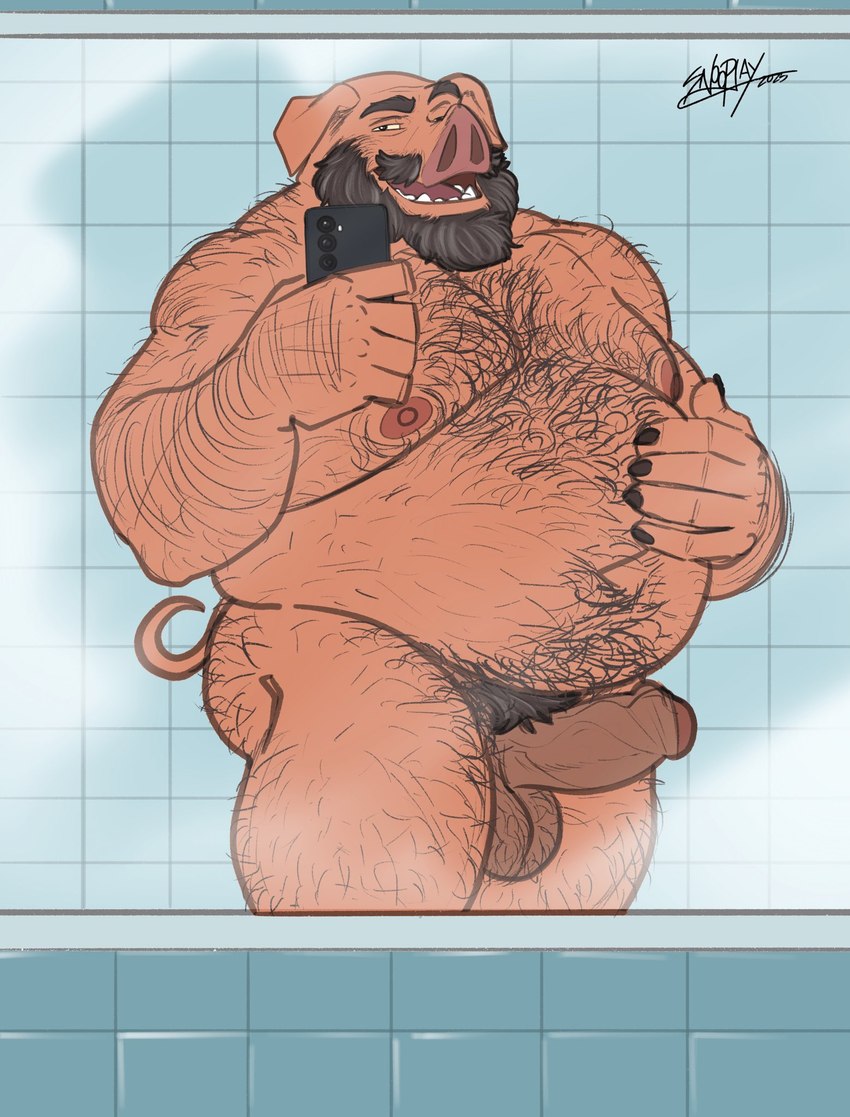 anthro arm_hair balls bathroom_tiles beard belly belly_hair big_belly black_hair body_hair butt butt_hair cellphone chest_hair electronics erection facial_hair forearm_hair forearms foreskin genitals greying_hair hair hairy hairy_balls hairy_hands hand_on_belly holding_cellphone holding_object holding_phone holding_smartphone leg_hair looking_at_viewer male manly mature_male mirror moobs mustache navel nipples nude overweight penis phone pubes selfie shoulder_hair smartphone smile smiling_at_viewer solo standing taking_picture taking_selfie vein veiny_penis snoopjay2 joe_(nanoff) domestic_pig mammal suid suine sus_(pig) 2025 hi_res