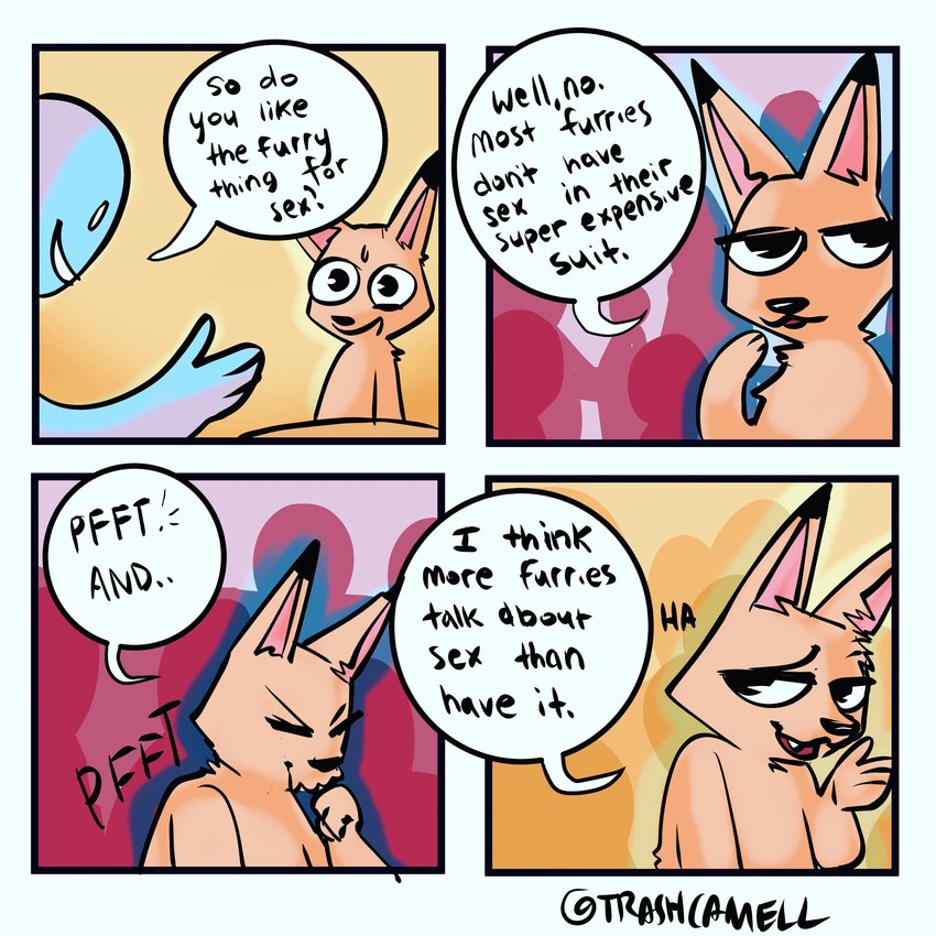 anthro bodily_fluids dialogue dipstick_ears duo ear_markings eyes_closed fur humor laugh multicolored_ears orange_body orange_fur solo speech_bubble sweat text trashcamell bee_(trashcamell) canid canine fox human mammal 1:1 2021 absurd_res comic digital_media_(artwork) english_text hi_res nonbinary_(lore)