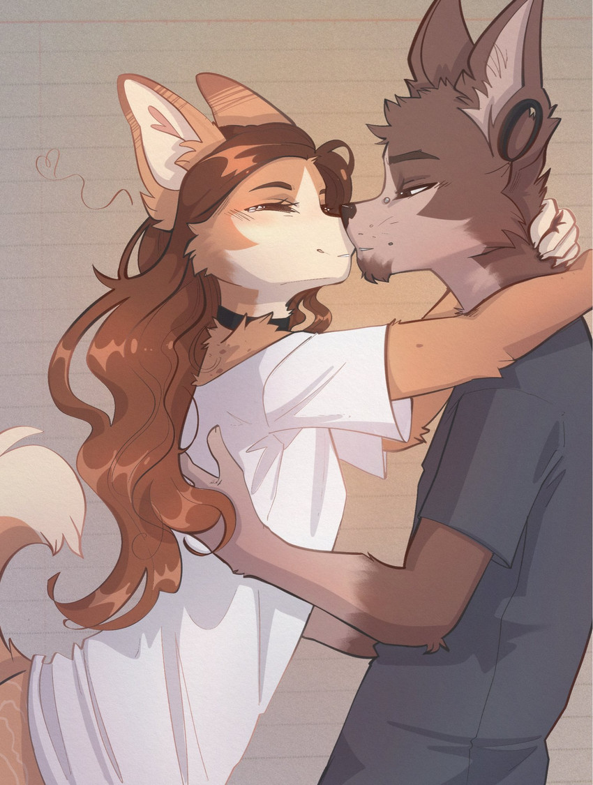 5_fingers anthro biped blush brown_body brown_eyes brown_fur brown_hair brown_tail choker clothed clothed_anthro clothed_female clothed_male clothing countershade_torso countershading duo ear_piercing eyes_closed female fingers fur gauged_ear hair inner_ear_fluff jewelry looking_at_another male necklace piercing shirt smile t-shirt tail topwear tuft yshanii cotton_(yshanii) tinygaypirate_(fursona) canid canine canis dingo domestic_dog mammal 2025 digital_drawing_(artwork) digital_media_(artwork) hi_res