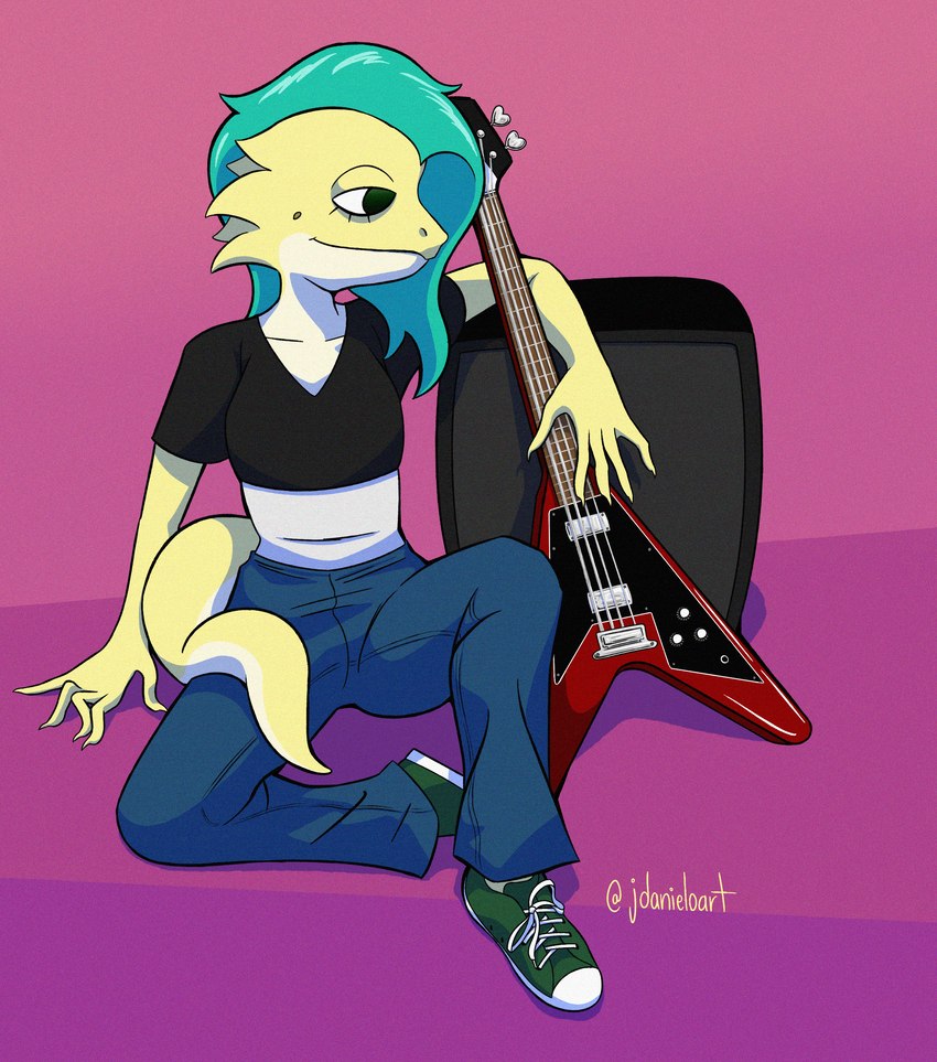 amplifier anthro bass_guitar female guitar humbucker musical_instrument plucked_string_instrument sitting sitting_on_ground solo string_instrument jdanieloart joy_(jdanieloart) agamid bearded_dragon lizard reptile scalie absurd_res hi_res