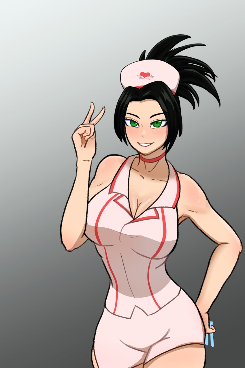 black_hair blush bottomwear breasts cleavage clothed clothing curvy_figure female gesture green_eyes grey_background hair headgear headwear human_only laboratory_equipment laboratory_glassware not_furry nurse nurse_clothing nurse_uniform scientific_instrument shorts simple_background smile solo test_tube tied_hair uniform wide_hips ting0816 league_of_legends riot_games tencent akali_(lol) human mammal absurd_res hi_res