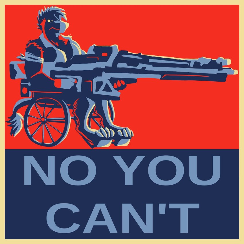 anthro border disability female frown kerchief muscular muscular_female paraplegic poster poster_template railgun ranged_weapon simple_background solo tail tail_tuft torn_sleeves tuft vehicle weapon wheelchair yellow_border crossroadspony raemyshu barack_obama_"hope"_poster rvb_revolution nelson_(rvb_revolution) chupadore 1:1 cel_shading hi_res shaded