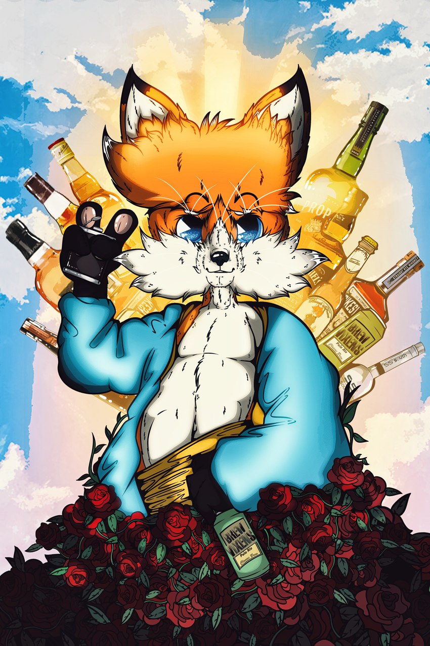 alcohol anthro beer beverage blue_eyes bottle clothing container flower fur hair happy male messy_hair orange_body orange_fur petals plant robe rose_(flower) rose_petals short_height sky smile solo vodka whiskey yellow_body yellow_fur 0l-fox-l0 2k_games borderlands foxo_(0l-fox-l0) canid canine fox mammal 2:3 absurd_res digital_drawing_(artwork) digital_media_(artwork) hi_res