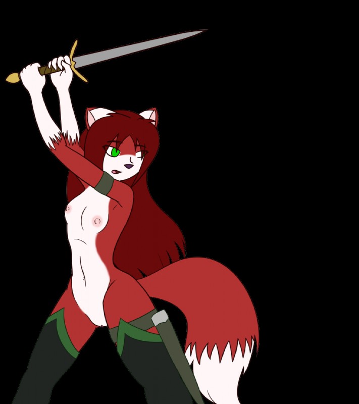 anthro breasts clothing dipstick_tail female fur genitals gloves_(marking) green_eyes hair legwear markings melee_weapon mostly_nude multicolored_tail navel nipples open_mouth pussy red_body red_fur red_hair simple_background solo sword tail tail_markings thigh_highs transparent_background weapon terdburgler linda_wright canid canine felid fox hybrid mammal alpha_channel