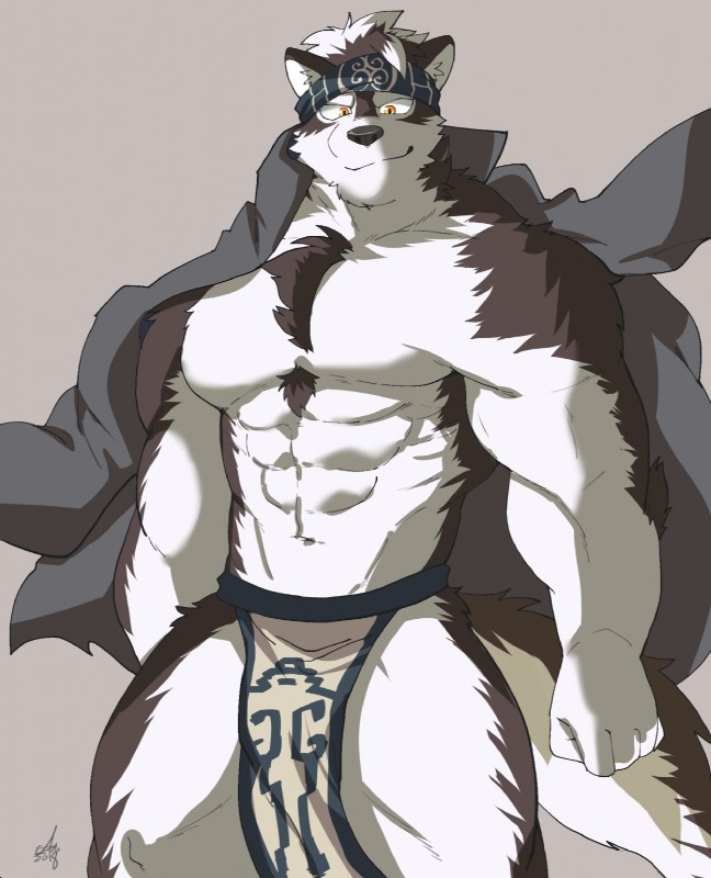 abs accessory anthro biceps bottomwear clothing coat_cape fur headband kemono loincloth male multicolored_body multicolored_fur muscular muscular_anthro muscular_male pecs simple_background solo white_body white_fur ginnosuke lifewonders tokyo_afterschool_summoners horkeu_kamui_(tas) canid canine canis mammal wolf 2018 hi_res