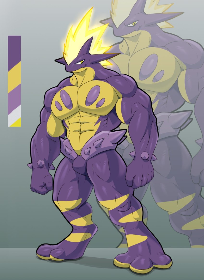 3_toes abs anthro biceps big_biceps biped featureless_crotch featureless_feet feet glowing glowing_spikes looking_aside male markings mohawk multicolored_body multicolored_scales multicolored_skin muscular muscular_anthro muscular_arms muscular_legs muscular_male muscular_thighs palette pecs plated_scales pokemorph pose scales serratus solo spikes spikes_(anatomy) spots toes waist_spike wrist_spikes yellow_eyes valentinesartx nintendo pokemon agamid amped_toxtricity amphibian generation_8_pokemon hybrid lizard newt pokemon_(species) reptile salamander scalie toxtricity hi_res