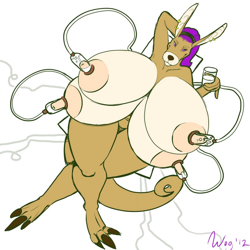 4_breasts anthro areola barefoot big_breasts biped bodily_fluids breast_milking breasts ear_piercing ear_ring feet female hair lactating machine milking_machine multi_breast nipples nude piercing purple_eyes purple_hair ring_piercing simple_background solo white_background wog sheila_(spyingredfox) kangaroo macropod mammal marsupial 1:1 2012 archived_source hi_res