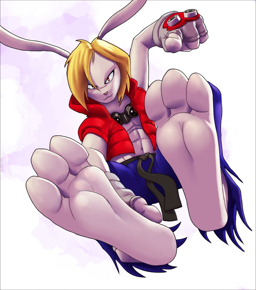 3_toes anthro blue_bottomwear blue_clothing blue_pants bottomwear clothing feet fist foot_focus gesture hand_gesture looking_at_viewer looking_down looking_down_at_viewer male pants pointing pointing_at_viewer red_clothing red_topwear smile solo toes topwear blockman3_(artist) summer_wars king_kazma lagomorph leporid mammal rabbit 2023 digital_media_(artwork) hi_res