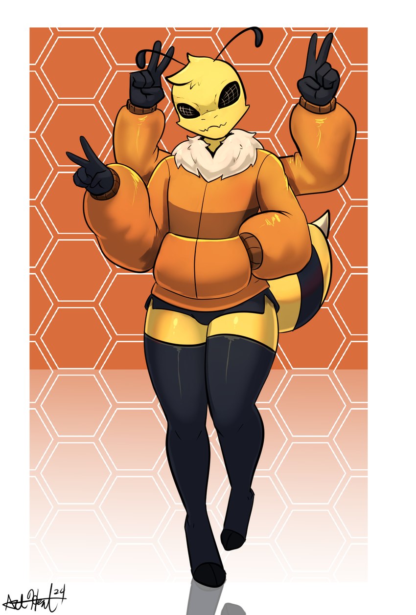 bottomwear clothed clothing femboy fur hi_rez honeycomb hoodie hotpants legwear male multi_arm multi_limb shorts stinger stockings topwear yellow_body yellow_fur bear213 arthropod bee hymenopteran insect 2025 digital_media_(artwork) hi_res model_sheet