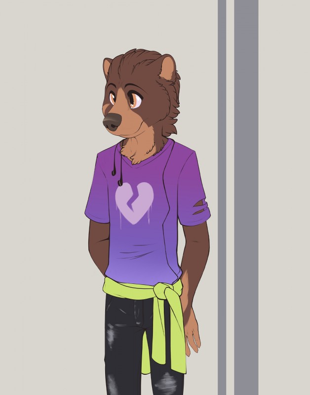 adolescent anthro bottomwear brown_body brown_eyes brown_fur clothing denim denim_bottomwear denim_clothing electronics fur headphones jeans male pants shirt simple_background solo standing t-shirt topwear young shiuk theodore_cooper bear mammal absurd_res hi_res