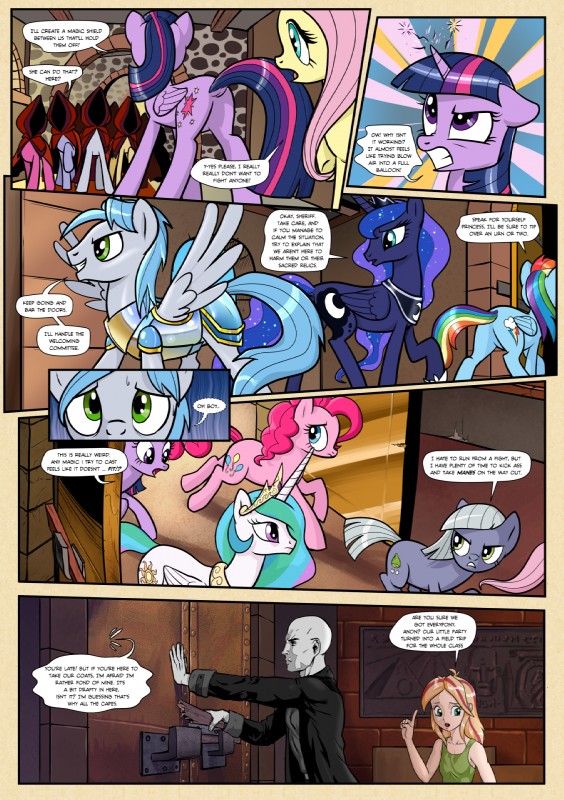 armor clothing dialogue dock_(anatomy) female horn male tail text wings pencils_(artist) friendship_is_magic hasbro my_little_pony mythology anon fan_character fluttershy_(mlp) limestone_pie_(mlp) mascara_maroon pinkie_pie_(mlp) princess_celestia_(mlp) princess_luna_(mlp) rainbow_dash_(mlp) sky_shatter_(mlp) earth_pony equid equine horse human mammal mythological_creature mythological_equine pegasus pony unicorn winged_unicorn comic english_text hi_res