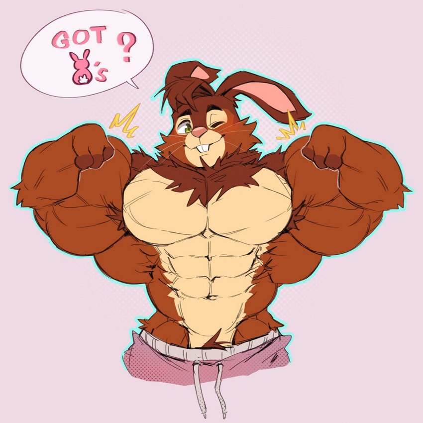 abs anthro barazoku big_biceps big_muscles bottomwear brown_body brown_fur brown_hair brown_pubes buckteeth clothing dialogue flexing flexing_bicep flexing_biceps flexing_both_biceps flexing_muscles fur green_eyes hair himbo looking_at_viewer male muscular muscular_arms muscular_male navel obliques one_eye_closed overly_muscular pants pecs pink_background pink_bottomwear pink_clothing pink_inner_ear pink_nose pink_pants pubes pubes_exposed serratus simple_background solo speech_bubble talking_to_viewer tan_body tan_fur teeth thick_pubes triceps wink winking_at_viewer crimsonrabbit cape_escape gnollplaying_games goose_(cape_escape) lagomorph leporid mammal rabbit 1:1 hi_res