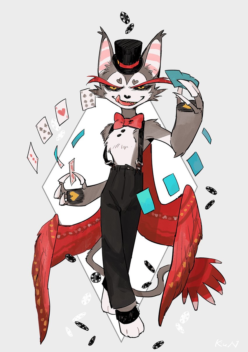 4_fingers ace_of_hearts anthro biped card clothed clothing eyebrows feathered_wings feathers fingers five_of_clubs fur male playing_card poker_chip six_of_spades solo tail three_of_diamonds tongue tongue_out wings kun_blackcat hazbin_hotel husk_(hazbin_hotel) felid feline mammal hi_res