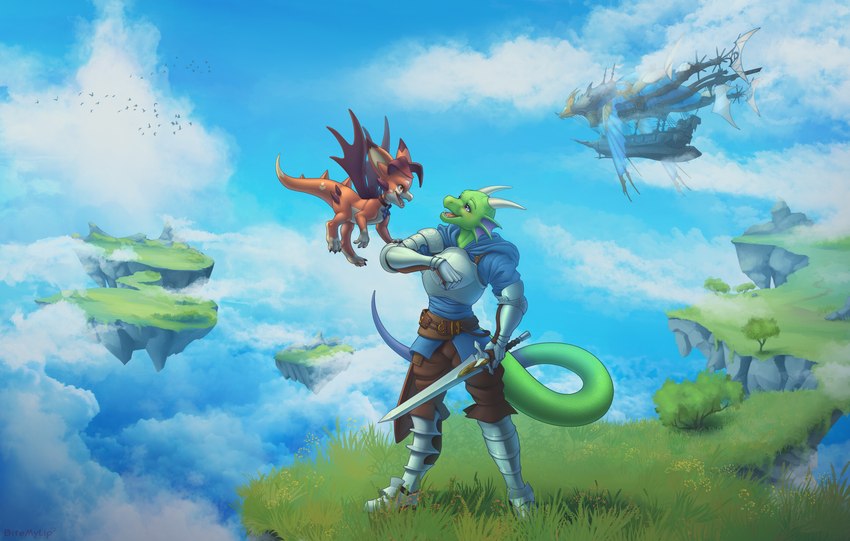 ambient_silhouette anthro clothed clothing cloud day detailed_background duo_focus feral grass group holding_melee_weapon holding_object holding_sword holding_weapon male melee_weapon open_mouth outside plant silhouette sky smile sword tail teeth tongue weapon bitemylip cygames granblue_fantasy mythology vyrn ambient_bird ambient_flier avian bird dragon mythological_creature mythological_scalie scalie 2021 absurd_res digital_media_(artwork) hi_res