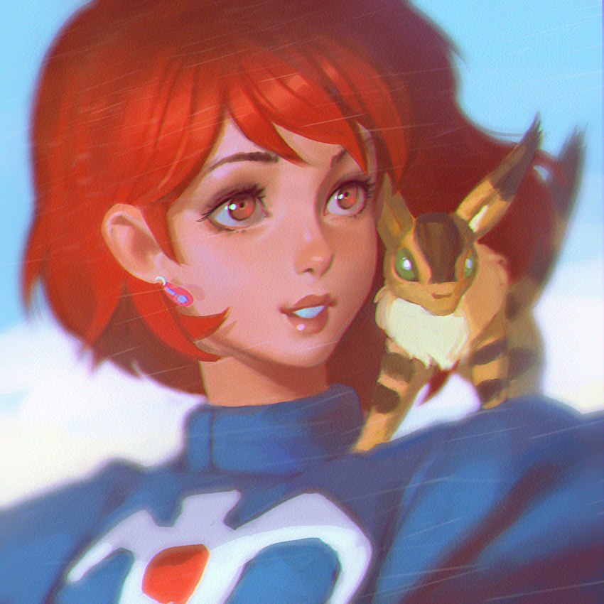 chest_tuft clothing ear_piercing ear_ring female feral green_eyes hair larger_human piercing quadruped red_eyes red_hair ring_piercing sitting_on_shoulder size_difference sky smaller_feral tuft kuvshinov-ilya ghibli nausicaä_of_the_valley_of_the_wind nausicaä teto_(ghibli) canid canine fox fox_squirrel_(ghibli) human hybrid lagomorph leporid mammal rabbit rodent sciurid tree_squirrel 1:1