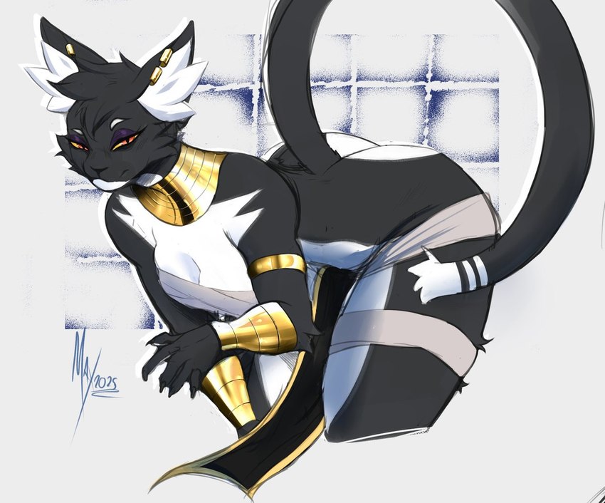 anthro arm_tuft armband bent_over big_butt black_body black_fur bottomwear breasts butt chest_wraps claws cleavage clothed clothing ear_piercing ear_ring egyptian egyptian_clothing elbow_tuft eyelashes female finger_claws front_view fur gold_(metal) gold_jewelry inner_ear_fluff jewelry loincloth looking_at_viewer makeup mascara multicolored_body multicolored_fur narrowed_eyes necklace orange_eyes piercing pose pupils raised_tail ring_piercing slit_pupils solo standing tail tight_clothing tuft two_tone_body two_tone_fur usekh white_body white_fur white_inner_ear white_inner_ear_fluff wraps wristband yellow_sclera maxdodraws bacardi_(muart242) domestic_cat felid feline felis mammal 2025 pinup portrait signature three-quarter_portrait