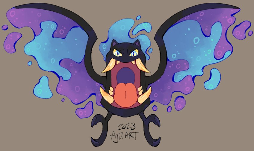 ambiguous_feral ambiguous_gender blue_eyes claws feet feral flying front_view membrane_(anatomy) membranous_wings open_mouth sharp_teeth simple_background solo teeth tongue wings yellow_sclera flipside nintendo pokemon fan_character bat gastly generation_1_pokemon ghost golbat hybrid_pokemon mammal pokemon_(species) spirit 2023 dated signature