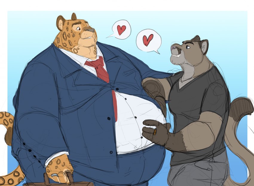 anthro belly belly_rub big_belly black_body black_fur briefcase button_(fastener) clothed clothing digit_ring dress_shirt duo eye_contact fur grey_body grey_fur hand_on_belly heart_speech_bubble heart_symbol holding_briefcase holding_object jewelry looking_at_another male male/male markings moobs necktie obese obese_anthro obese_male overweight overweight_anthro overweight_male ring shirt smile speech_bubble spots spotted_body spotted_fur standing straining_buttons suit tan_body tan_fur topwear wedding_ring yellow_body yellow_fur captainjusticevirtsuoso justicecaptainv bobcat felid feline jaguar lynx mammal pantherine hi_res