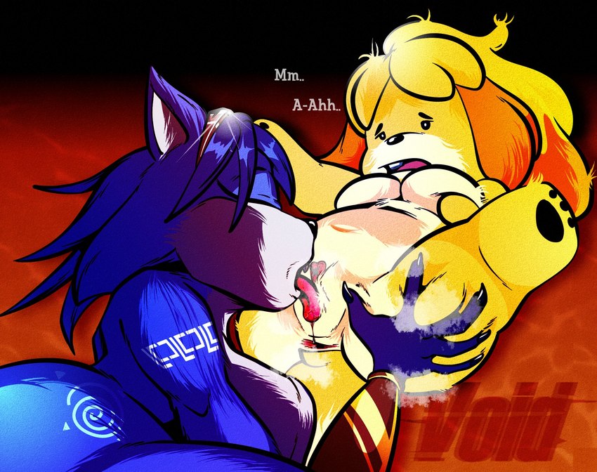 anthro anthro_on_anthro anus blue_body blue_fur blue_hair breasts crossover_ship cunnilingus duo eyes_closed female female/female fur genitals hair licking moan nude oral pussy sex spread_legs spreading text tongue tongue_out vaginal yellow_body yellow_fur voidsdroids animal_crossing nintendo star_fox isabelle_(animal_crossing) krystal_(star_fox) canid canine canis domestic_dog fox mammal shih_tzu toy_dog 2023 crossover hi_res