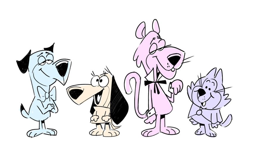 black_ears blue_body eyelashes female group half-closed_eyes long_tail male narrowed_eyes orange_body pink_body purple_body semi-anthro tail whiskers kyssimmee augie_doggie_and_doggie_daddy hanna-barbera jellystone_(hbo_max) snagglepuss_(series) the_huckleberry_hound_show top_cat_(series) augie_doggie benny_the_ball huckleberry_hound snagglepuss canid canine canis coonhound cougar domestic_cat domestic_dog felid feline felis hunting_dog mammal scent_hound 16:9 hi_res widescreen