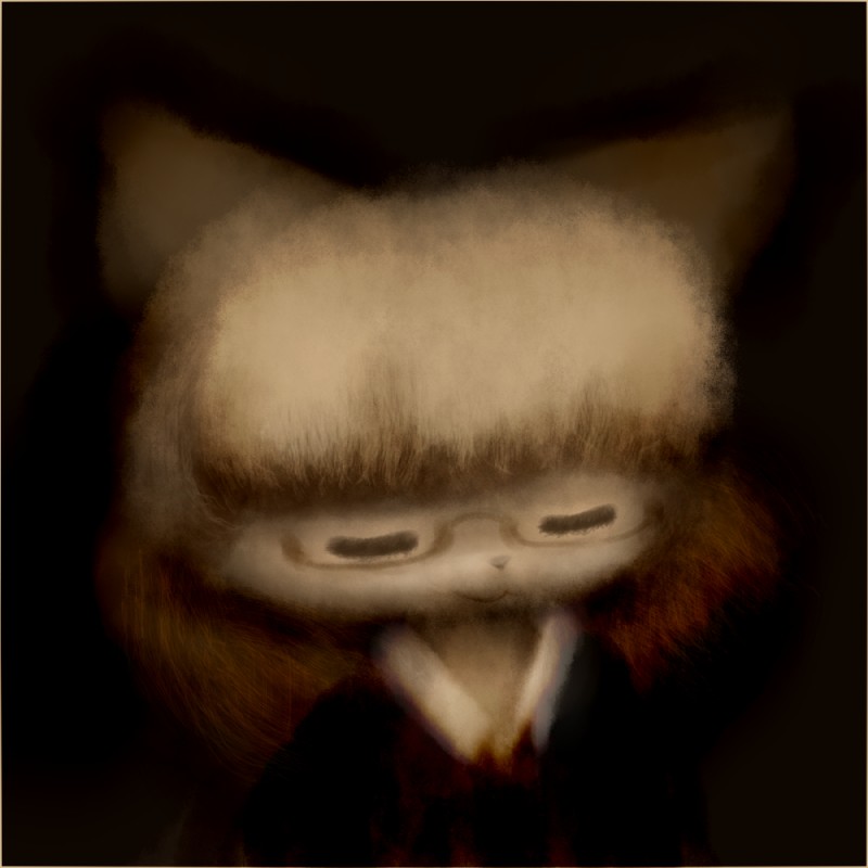 :3 bangs big_head brown_background clothed clothing dark eyes_closed eyewear female front_view fur glasses hair long_hair pince-nez shadow simple_background solo white_body white_fur wide_head hasukii nyeemei_zyrut_(hasukii) mammal 1:1 half-length_portrait monochrome portrait sepia