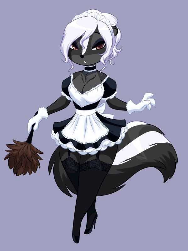 anthro black_nose breasts cleaning_tool cleavage clothed clothing feather_duster female footwear fur hair high_heels legwear maid_uniform open_mouth pumps shoes simple_background solo tail tail_under_skirt uniform white_body white_fur white_hair skelly_doll diana_rayablanca mammal mephitid skunk striped_skunk 2019 hi_res