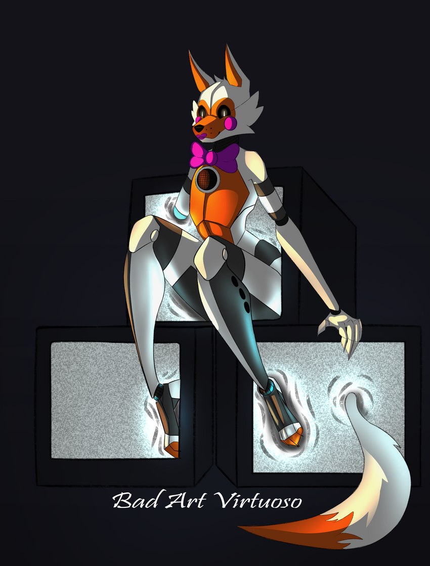 ambiguous_gender anthro bow_tie feet glowing glowing_eyes lipstick looking_at_viewer machine makeup screen simple_background sitting solo speaker text badartvirtuoso five_nights_at_freddy's five_nights_at_freddy's_world scottgames lolbit_(fnaf) animatronic canid canine fox mammal robot 2023 digital_media_(artwork) hi_res