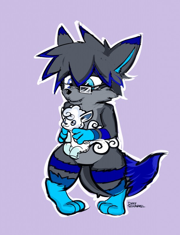 3_fingers 3_toes ambiguous_gender anthro biped black_nose blue_body blue_eyes blue_fur blue_highlights blue_tail chibi dipstick_ears dipstick_tail doll ear_markings eyewear featureless_crotch feet fingers fur glasses grey_body grey_ears grey_fur grey_hair grey_tail hair heterochromia highlights_(coloring) holding_object markings multicolored_body multicolored_ears multicolored_fur multicolored_tail plushie poke_doll purple_background simple_background snout solo tail tail_markings toes two_tone_ears two_tone_tail young young_anthro dirtyscoundrel nintendo pokemon swift_(swift_the_fox) alolan_form alolan_vulpix canid canine fox generation_7_pokemon mammal pokemon_(species) regional_form_(pokemon) 2017 absurd_res hi_res signature