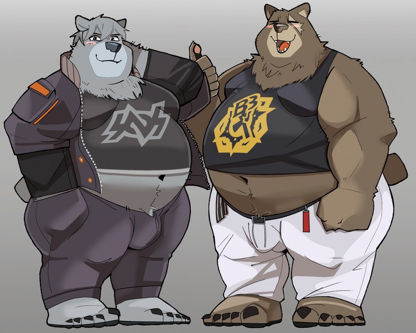 anthro anthrofied belly brown_body brown_fur bulge clothing duo facial_scar fur grey_body grey_fur jacket male missing_eye overweight scar shirt tank_top topwear coolietf mihoyo zenless_zone_zero ben_bigger wise_(zenless_zone_zero) bear mammal hi_res