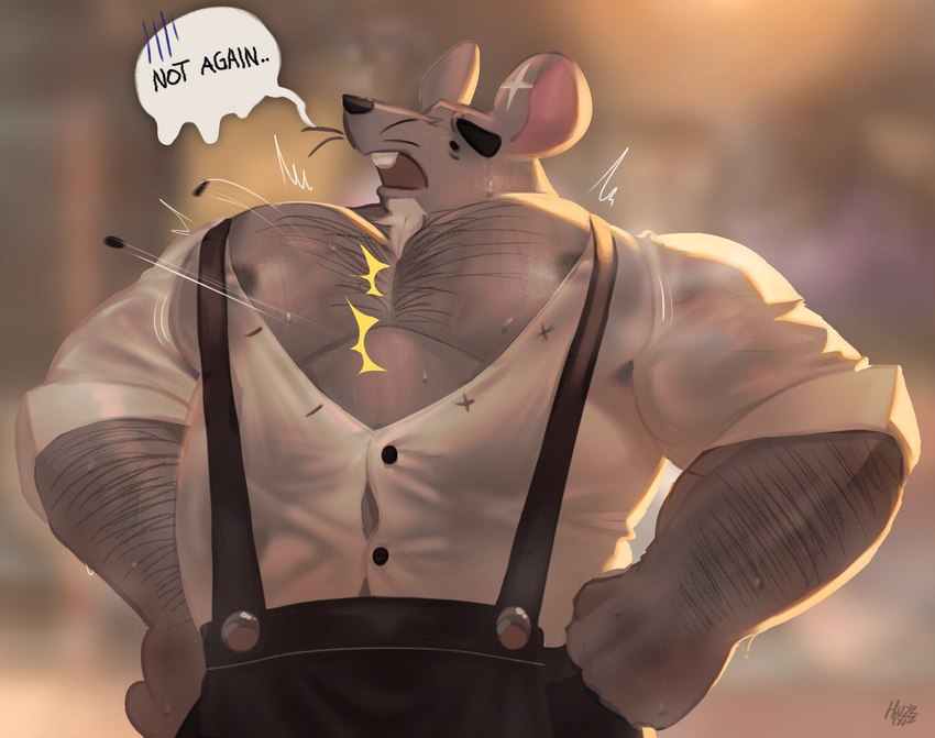 anthro black_eyes black_nose bodily_fluids button_(fastener) button_pop clothing dialogue grey_body male muscular muscular_male nipples pecs shirt solo sweat text topwear wardrobe_malfunction huzzhuz cookie_run cheesemaster_(cookie_run) mammal murid murine rat rodent 2024 english_text hi_res