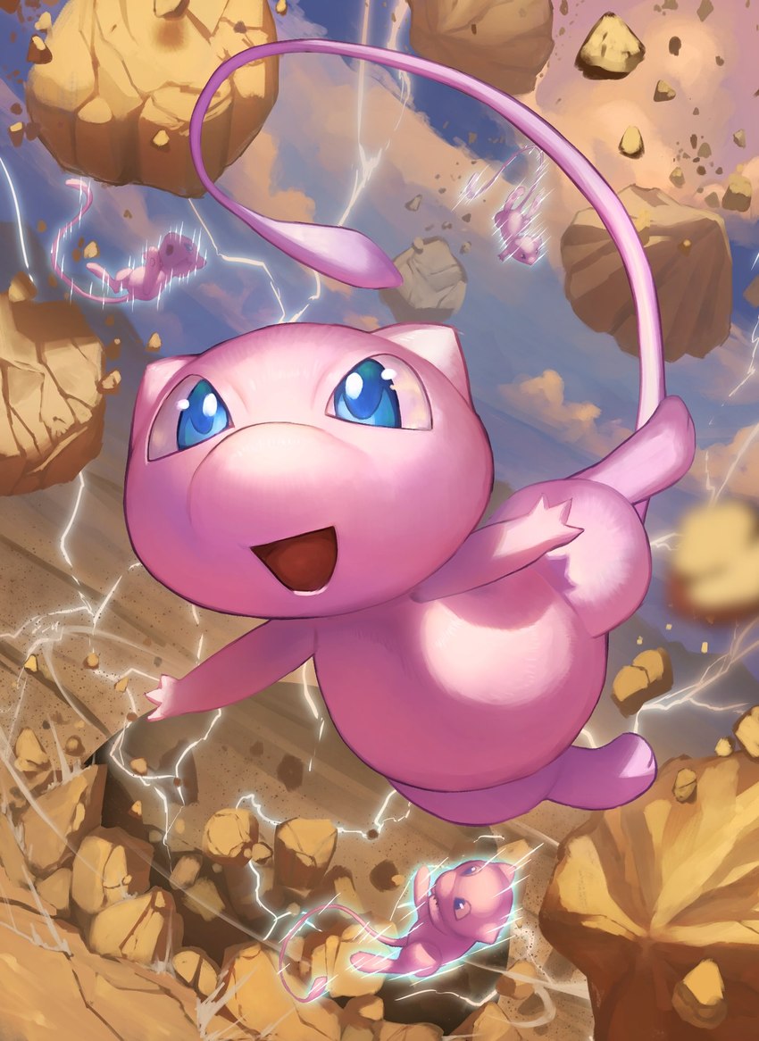 ambiguous_gender blue_eyes cloud day detailed_background electricity group open_mouth open_smile pink_body rock smile tail tongue supearibu nintendo pokemon generation_1_pokemon legendary_pokemon mew_(pokemon) pokemon_(species) 2021 hi_res