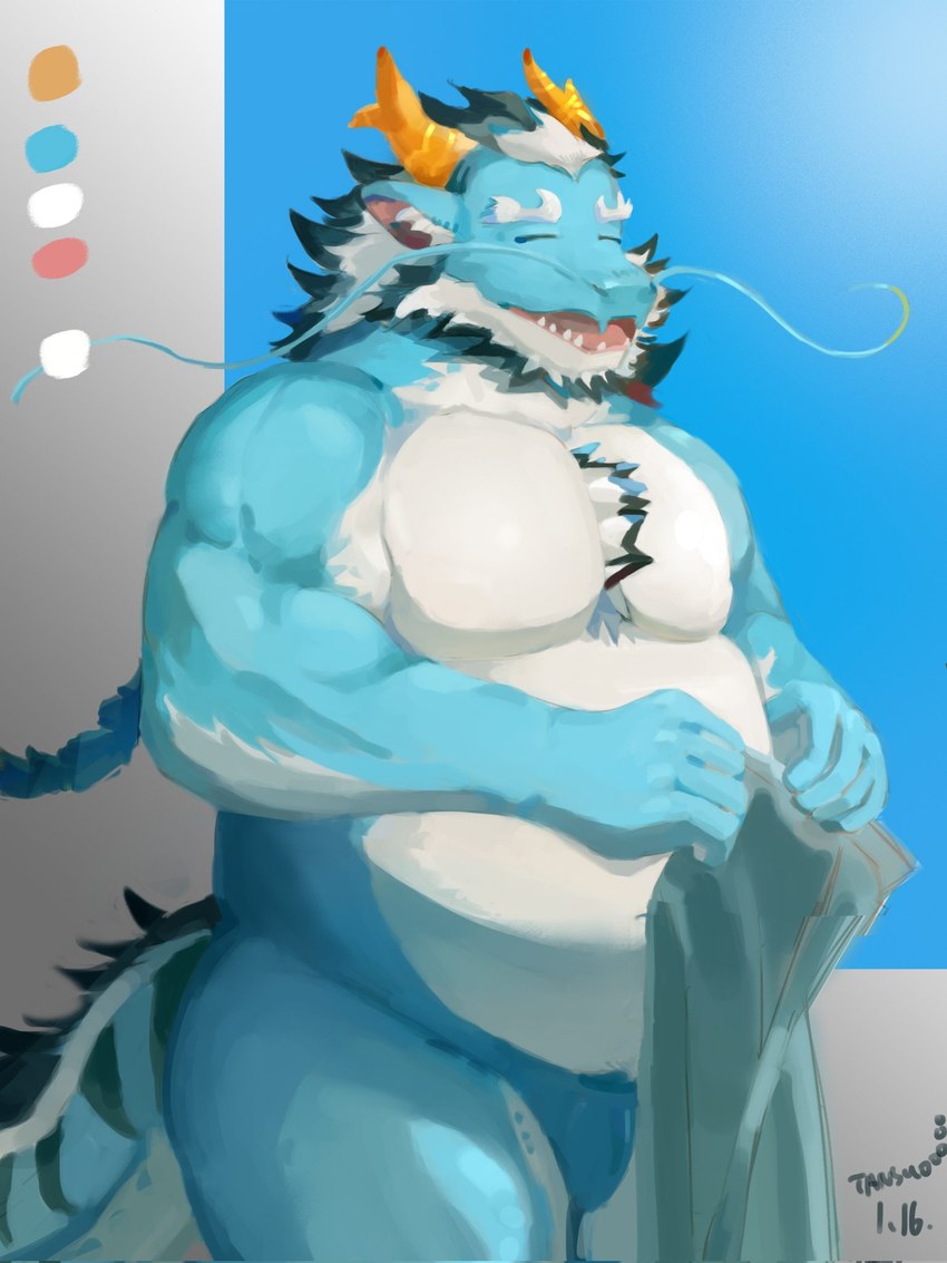 anthro beard belly biceps blue_body clothing facial_hair horn male mature_male musclegut muscular pecs smile solo speedo swimwear tail whiskers tansuooooo lifewonders mythology tokyo_afterschool_summoners qinglong_(tas) dragon mythological_creature mythological_scalie scalie 2024 hi_res