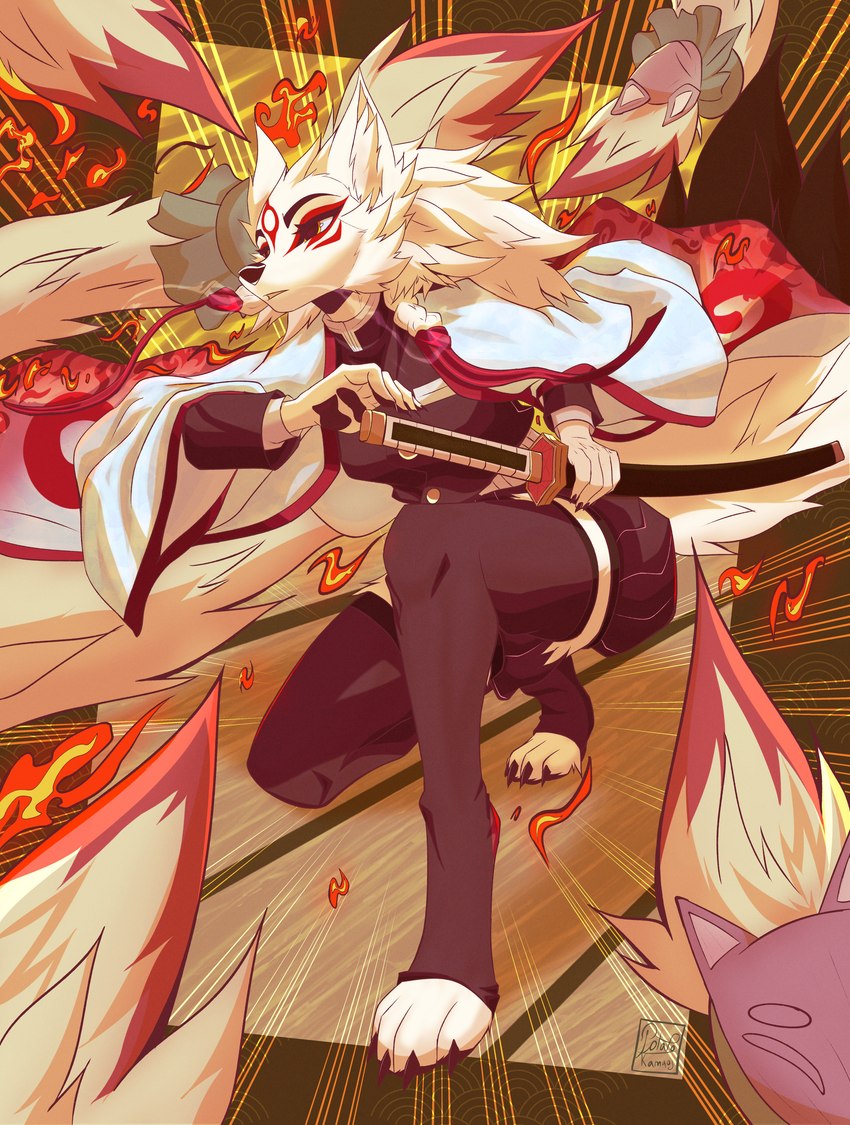 abstract_background anthro anthrofied barefoot breasts breath cape claws clothed clothing duo elemental_manipulation feet female fire fire_manipulation front_view fully_clothed fur fur_markings hair handpaw hindpaw holding_object holding_weapon inner_ear_fluff katana kneeling legwear looking_away markings melee_weapon pawpads paws red_body red_fur samurai solo_focus stockings sword thigh_highs three-quarter_view toeless_legwear toeless_stockings topwear tuft warrior weapon white_body white_fur white_hair yellow_eyes potatokamaos capcom clover_studio demon_slayer kimetsu_no_yaiba okami_(capcom) amaterasu_(okami) ninetails_(okami) canid canine canis deity mammal wolf 2022 absurd_res full-length_portrait hi_res portrait