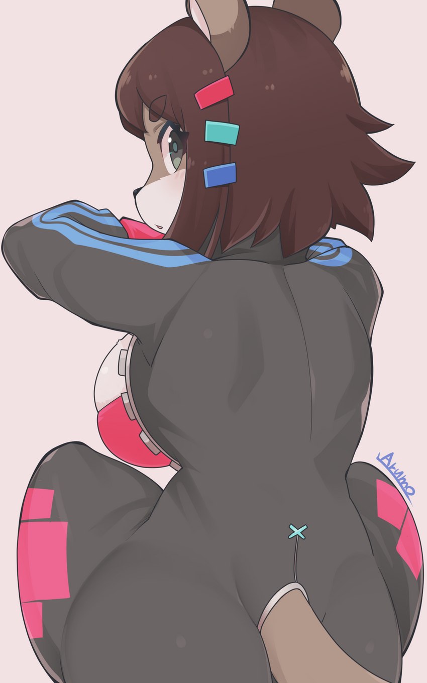 accessory anthro big_breasts black_nose breasts brown_hair butt female hair hair_accessory hairclip looking_at_viewer looking_back looking_back_at_viewer open_mouth rear_view short_hair simple_background sitting solo arumo felid feline mammal 2021 5:8 absurd_res hi_res