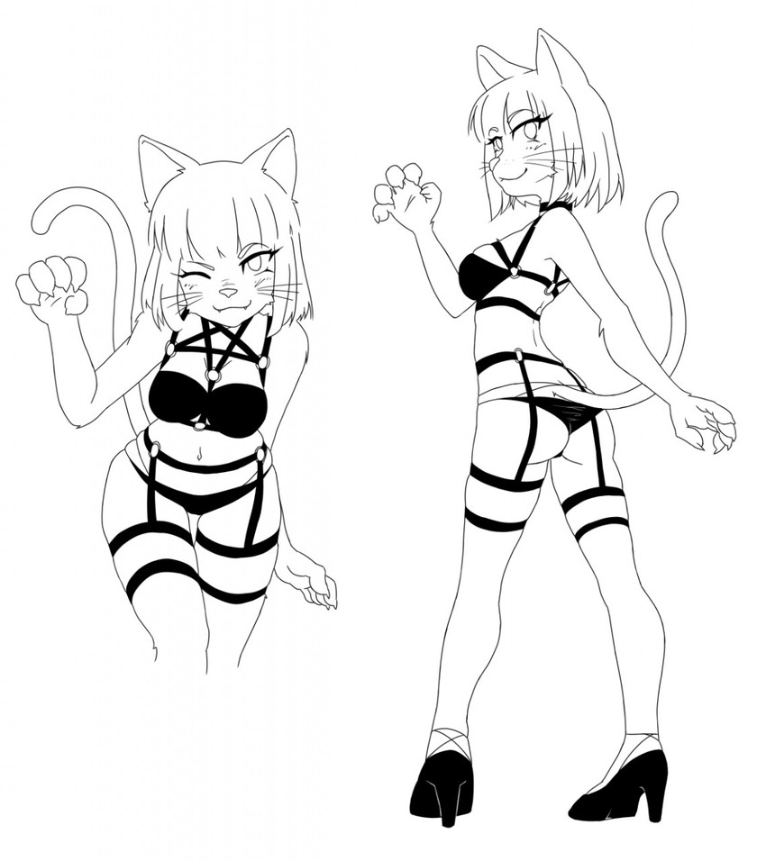 anthro breasts butt clothing female footwear hair high_heels legwear looking_at_viewer navel one_eye_closed shoes short_hair simple_background smile solo standing stockings whiskers white_background xbc9 domestic_cat felid feline felis mammal 2021 hi_res monochrome