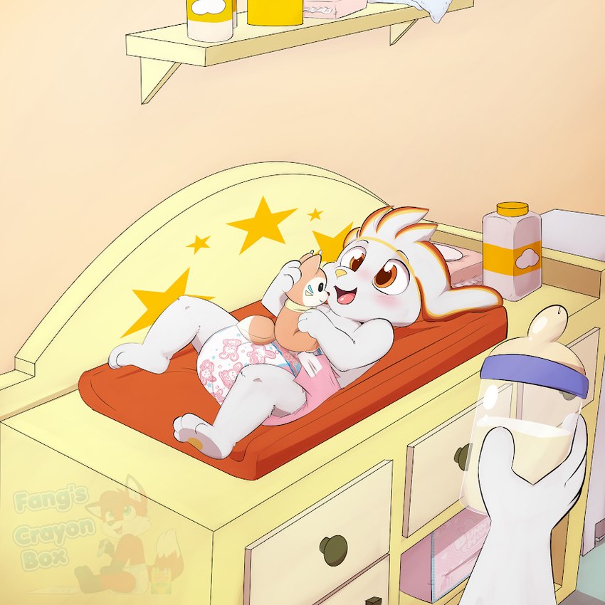 anthro baby baby_bottle baby_powder baby_wipes bunnyhopps_(diaper) changing_table clean_diaper clothed clothing diaper diaper_change duo feeding_bottle happy male offscreen_character plushie solo_focus wearing_diaper young fangthefox abuniverse bunnyhopps nintendo pokemon cole_murphy generation_8_pokemon lagomorph leporid mammal pokemon_(species) rabbit raboot scorbunny 1:1