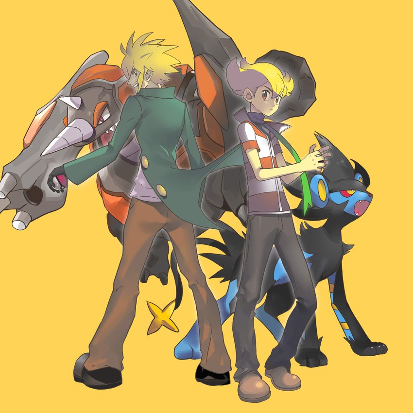 ambiguous_gender blonde_hair blue_body clothing feral fingers frontier_brain group hair horn jacket male open_mouth pokeball red_eyes red_sclera scarf simple_background topwear yellow_background yellow_eyes mimogulu nintendo pokemon barry_(pokemon) tower_tycoon_palmer generation_4_pokemon human luxray mammal pokemon_(species) rhyperior 1:1 absurd_res hi_res