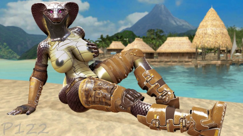 5_fingers anthro armor beach big_breasts black_bipples breasts brown_body brown_scales clothed clothed_anthro clothing cybernetics female female_anthro fingers half_clothed humanoid_hands machine multicolored_body multicolored_scales nipples outside purple_eyes sand scales sea solo water yellow_body yellow_scales xpasha122x petruz_(copyright) sab_(petruz) cyborg reptile scalie snake 16:9 3d_(artwork) 4k absurd_res digital_media_(artwork) hi_res widescreen