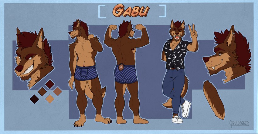 anthro athletic athletic_anthro athletic_male boxer_briefs bulge clothing male solo underwear druidogger gabu_(awoogabu) canid canine canis mammal red_wolf wolf absurd_res hi_res model_sheet