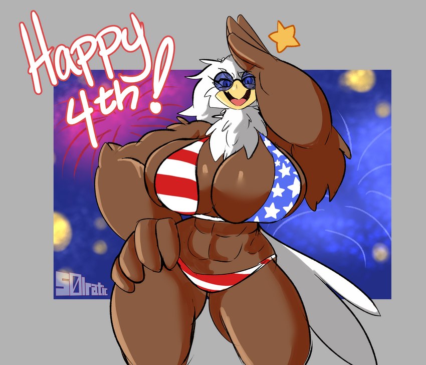 abs american_flag_bikini anthro beak big_breasts bikini breasts clothing eyewear feathers female fireworks flag_bikini gesture hand_on_hip holidays huge_breasts looking_at_viewer muscular muscular_female salute solo star sunglasses swimwear tail tail_feathers two-piece_swimsuit solratic 4th_of_july accipitrid accipitriform avian bald_eagle bird eagle sea_eagle hi_res